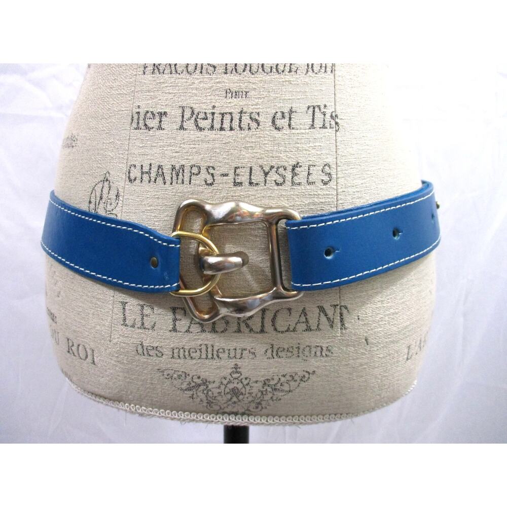 Vintage 80s Units Blue Leather Belt with Large Metal Buckle Medium